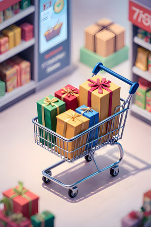 festive atmosphere of celebration and holiday shopping. A supermarket shopping cart is filled with beautifully wrapped, colorful gifts and shopping bags. The gift boxes are tied with multi-colored ribbons and have different patterns, looking exciting and ready to be given to someone special. The background shows a blurry store with shelves and a "SALE & GIFTS" sign, adding depth to the image and focusing on the cart full of presents. This image is perfect for use in advertisements, promotions, or content related to holiday seasons, gift shopping, shopping, and celebrationsの素材
