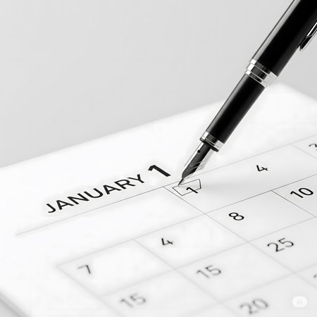 desk calendar opened to the first page of January, with a focus on January 1st. A hand holding a black pen is writing or marking something on that date. Soft light creates a beautiful shadow on the paper, symbolizing the start of a new year, planning, or marking an important date. This image conveys hope, new beginnings, and looking forward. It is suitable for content related to the new year, planning, goal-setting, or time managemenの素材