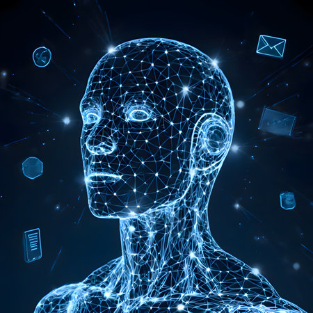 a humanoid robot's head and shoulders. The subject's form is composed of a intricate network of glowing, interconnected lines and nodes, symbolizing a complex data network and the inner workings of artificial intelligence. Its face is smooth and featureless, with piercing, bright blue eyes that stare into the distance, conveying a sense of sentience and advanced thought. The background is a bokeh of glowing blue particles and a web of light, further emphasizing the theme of technology, data, and interconnectedness.の素材