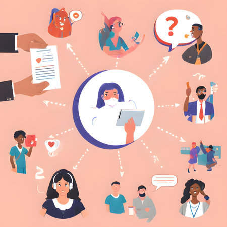 capturing the essence of digital collaboration and online communication. The image features a diverse team of four individualsâtwo men and two womenâworking together in front of a large computer monitor. Chat bubbles, a secure lock icon, and an email envelope symbolize various forms of digital interaction and data security. The stylized background with blue and white floral motifs adds a fresh, natural feel, blending technology with a sense of calm and creativity. This is ideal for topics related to remote work, team meetings, cybersecurity, and tech-driven businessの素材