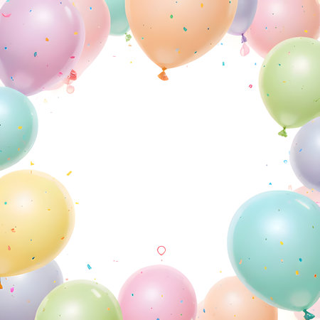 pastel-colored balloons. The balloons, in shades of pink, blue, green, orange, and purple, are tied with colorful, swirling ribbons and streamers, creating a celebratory and joyful atmosphere. The central white space provides an ideal area for text or a product, making it perfect for invitations, greetings, announcements, birthday cards, party decorations, sales promotions, or social media posts. The clean, modern design and gentle color palette give it a fresh and elegant feel, suitable for a variety of festive or special occasions.の素材
