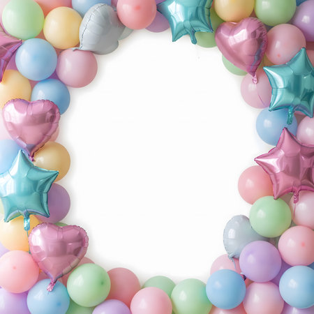 pastel-colored balloons. The balloons, in shades of pink, blue, green, orange, and purple, are tied with colorful, swirling ribbons and streamers, creating a celebratory and joyful atmosphere. The central white space provides an ideal area for text or a product, making it perfect for invitations, greetings, announcements, birthday cards, party decorations, sales promotions, or social media posts. The clean, modern design and gentle color palette give it a fresh and elegant feel, suitable for a variety of festive or special occasions.の素材
