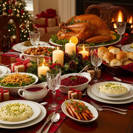 A mouth-watering, detailed shot of a traditional Christmas or Thanksgiving dinner table. The scene is set with a perfectly roasted turkey as the centerpiece, surrounded by an array of classic side dishes like cranberry sauce, mashed potatoes, stuffing, and roasted vegetables. The table is elegantly decorated with festive garland, glowing candles, and Christmas crackers, with a beautifully lit Christmas tree blurred in the background, creating a warm and inviting holiday atmosphereの素材