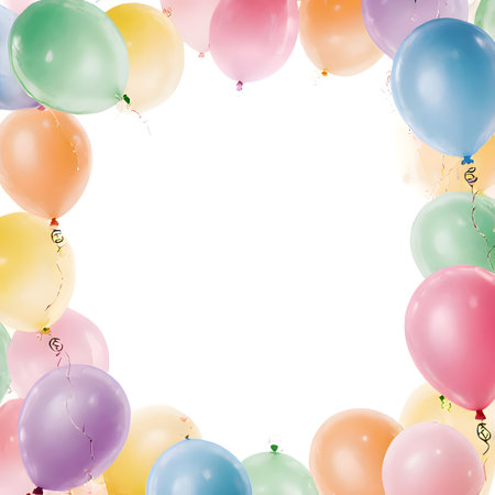 pastel-colored balloons. The balloons, in shades of pink, blue, green, orange, and purple, are tied with colorful, swirling ribbons and streamers, creating a celebratory and joyful atmosphere. The central white space provides an ideal area for text or a product, making it perfect for invitations, greetings, announcements, birthday cards, party decorations, sales promotions, or social media posts. The clean, modern design and gentle color palette give it a fresh and elegant feel, suitable for a variety of festive or special occasions.の素材