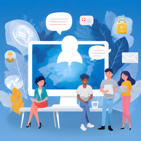 capturing the essence of digital collaboration and online communication. The image features a diverse team of four individualsâtwo men and two womenâworking together in front of a large computer monitor. Chat bubbles, a secure lock icon, and an email envelope symbolize various forms of digital interaction and data security. The stylized background with blue and white floral motifs adds a fresh, natural feel, blending technology with a sense of calm and creativity. This is ideal for topics related to remote work, team meetings, cybersecurity, and tech-driven businessの素材