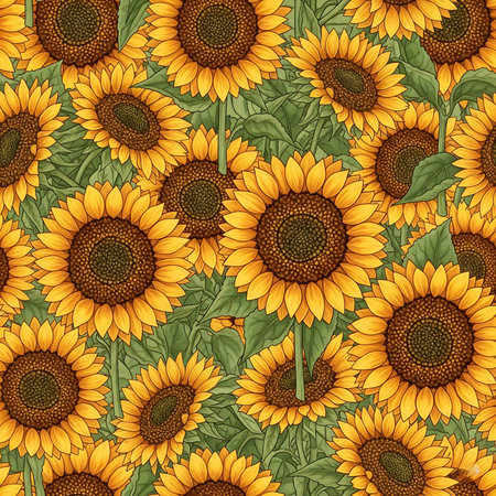 seamless, and repeating pattern of yellow sunflowers with lush green leaves and stems. The detailed captures the cheerful and sunny essence of a sunflower field, making it an ideal choice for textiles, wallpapers, digital backgrounds, and various design projects. The rich color palette and intricate linework provide a classic yet modern feelの素材