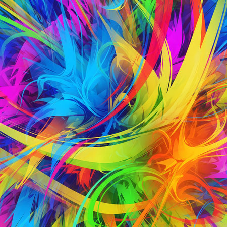 A dynamic and visually striking abstract artwork showcasing an explosion of vibrant colors. Swirls, curves, and sharp edges intermingle in a chaotic yet harmonious composition. Shades of blue, purple, pink, red, orange, yellow, and green blend and contrast, creating a sense of energy and movement. This bold and modern design is perfect for backgrounds, digital art, textiles, and creative projects seeking a burst of intense color and abstract expression.の素材