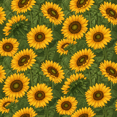 seamless, and repeating pattern of yellow sunflowers with lush green leaves and stems. The detailed captures the cheerful and sunny essence of a sunflower field, making it an ideal choice for textiles, wallpapers, digital backgrounds, and various design projects. The rich color palette and intricate linework provide a classic yet modern feelの素材