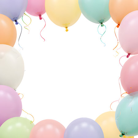 pastel-colored balloons. The balloons, in shades of pink, blue, green, orange, and purple, are tied with colorful, swirling ribbons and streamers, creating a celebratory and joyful atmosphere. The central white space provides an ideal area for text or a product, making it perfect for invitations, greetings, announcements, birthday cards, party decorations, sales promotions, or social media posts. The clean, modern design and gentle color palette give it a fresh and elegant feel, suitable for a variety of festive or special occasions.の素材
