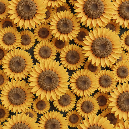 seamless, and repeating pattern of yellow sunflowers with lush green leaves and stems. The detailed captures the cheerful and sunny essence of a sunflower field, making it an ideal choice for textiles, wallpapers, digital backgrounds, and various design projects. The rich color palette and intricate linework provide a classic yet modern feelの素材