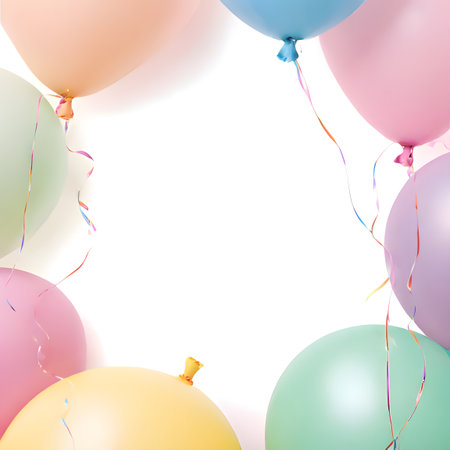 pastel-colored balloons. The balloons, in shades of pink, blue, green, orange, and purple, are tied with colorful, swirling ribbons and streamers, creating a celebratory and joyful atmosphere. The central white space provides an ideal area for text or a product, making it perfect for invitations, greetings, announcements, birthday cards, party decorations, sales promotions, or social media posts. The clean, modern design and gentle color palette give it a fresh and elegant feel, suitable for a variety of festive or special occasions.の素材