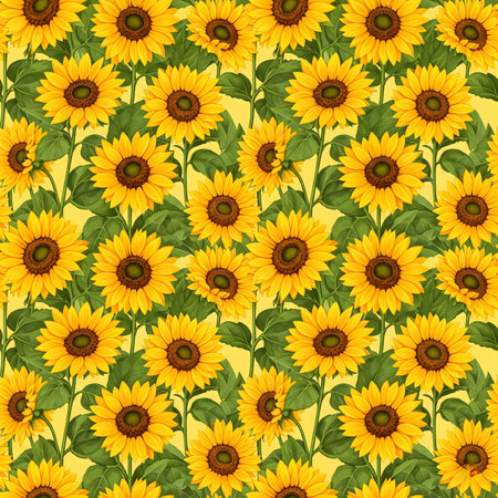 seamless, and repeating pattern of yellow sunflowers with lush green leaves and stems. The detailed captures the cheerful and sunny essence of a sunflower field, making it an ideal choice for textiles, wallpapers, digital backgrounds, and various design projects. The rich color palette and intricate linework provide a classic yet modern feelの素材