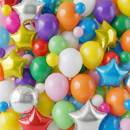 pastel-colored balloons. The balloons, in shades of pink, blue, green, orange, and purple, are tied with colorful, swirling ribbons and streamers, creating a celebratory and joyful atmosphere. The central white space provides an ideal area for text or a product, making it perfect for invitations, greetings, announcements, birthday cards, party decorations, sales promotions, or social media posts. The clean, modern design and gentle color palette give it a fresh and elegant feel, suitable for a variety of festive or special occasions.の素材