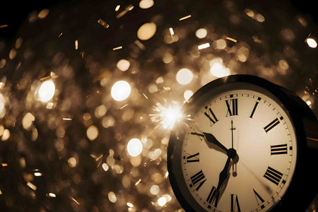 A captivating and festive image of a classic grandfather clock, with a glowing light flare emanating from its face, marking the final moments before midnight. The clock's hands are nearing the top, symbolizing the start of a new year. In the background, a cascade of sparkling confetti falls against a soft-focus backdrop of colorful bokeh lights, creating a celebratory and magical atmosphere. This image perfectly captures the excitement, hope, and anticipation of New Year's Eve, ideal for holiday promotions, greeting cards, and seasonal designs.の素材
