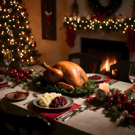 A mouth-watering, detailed shot of a traditional Christmas or Thanksgiving dinner table. The scene is set with a perfectly roasted turkey as the centerpiece, surrounded by an array of classic side dishes like cranberry sauce, mashed potatoes, stuffing, and roasted vegetables. The table is elegantly decorated with festive garland, glowing candles, and Christmas crackers, with a beautifully lit Christmas tree blurred in the background, creating a warm and inviting holiday atmosphereの素材
