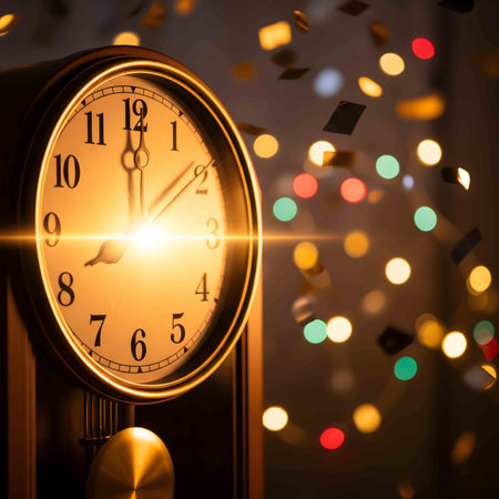 A captivating and festive image of a classic grandfather clock, with a glowing light flare emanating from its face, marking the final moments before midnight. The clock's hands are nearing the top, symbolizing the start of a new year. In the background, a cascade of sparkling confetti falls against a soft-focus backdrop of colorful bokeh lights, creating a celebratory and magical atmosphere. This image perfectly captures the excitement, hope, and anticipation of New Year's Eve, ideal for holiday promotions, greeting cards, and seasonal designs.の素材