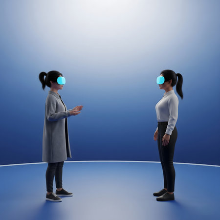 interacting in a virtual world. One person in the center wears a VR headset, while others communicate through smartphones and tablets. Chat bubbles with icons for search, video, and messaging float above them, symbolizing a interconnected digital community.の素材