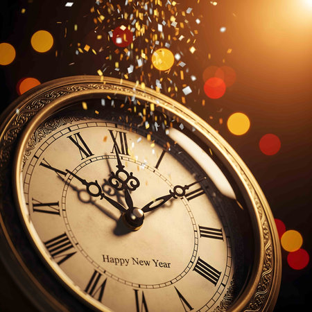 A captivating and festive image of a classic grandfather clock, with a glowing light flare emanating from its face, marking the final moments before midnight. The clock's hands are nearing the top, symbolizing the start of a new year. In the background, a cascade of sparkling confetti falls against a soft-focus backdrop of colorful bokeh lights, creating a celebratory and magical atmosphere. This image perfectly captures the excitement, hope, and anticipation of New Year's Eve, ideal for holiday promotions, greeting cards, and seasonal designs.の素材