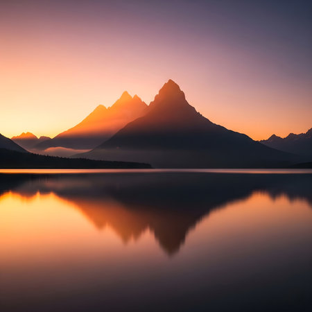 first light of sunrise illuminating towering mountain peaks. Soft, golden light spills over the jagged ridges, contrasting with the deep shadows and lingering mist in the valleys. The still surface of a pristine lake perfectly mirrors the breathtaking scene, creating a symmetrical and ethereal effect. This image evokes a sense of peace, wonder, and the quiet beauty of the natural world at dawnの素材