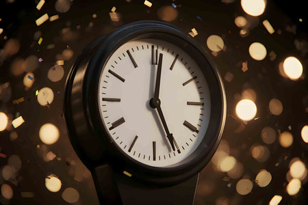 A captivating and festive image of a classic grandfather clock, with a glowing light flare emanating from its face, marking the final moments before midnight. The clock's hands are nearing the top, symbolizing the start of a new year. In the background, a cascade of sparkling confetti falls against a soft-focus backdrop of colorful bokeh lights, creating a celebratory and magical atmosphere. This image perfectly captures the excitement, hope, and anticipation of New Year's Eve, ideal for holiday promotions, greeting cards, and seasonal designs.の素材