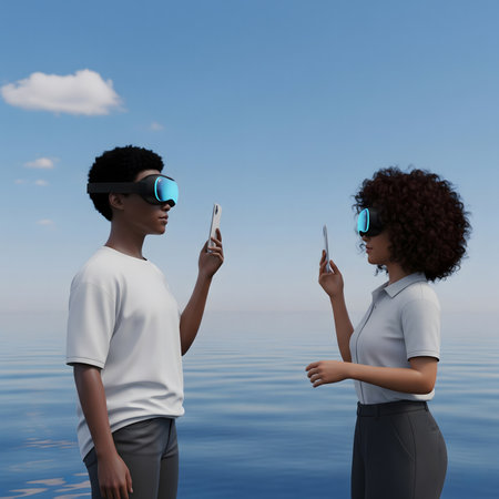 interacting in a virtual world. One person in the center wears a VR headset, while others communicate through smartphones and tablets. Chat bubbles with icons for search, video, and messaging float above them, symbolizing a interconnected digital community.の素材
