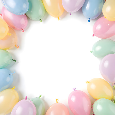 pastel-colored balloons. The balloons, in shades of pink, blue, green, orange, and purple, are tied with colorful, swirling ribbons and streamers, creating a celebratory and joyful atmosphere. The central white space provides an ideal area for text or a product, making it perfect for invitations, greetings, announcements, birthday cards, party decorations, sales promotions, or social media posts. The clean, modern design and gentle color palette give it a fresh and elegant feel, suitable for a variety of festive or special occasions.の素材