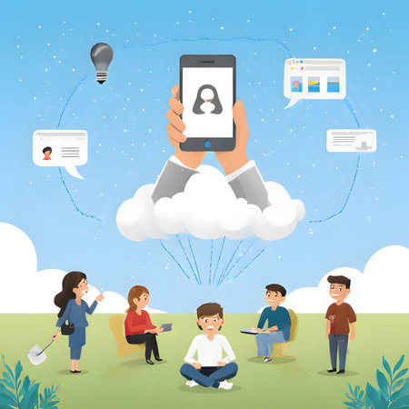 capturing the essence of digital collaboration and online communication. The image features a diverse team of four individualsâtwo men and two womenâworking together in front of a large computer monitor. Chat bubbles, a secure lock icon, and an email envelope symbolize various forms of digital interaction and data security. The stylized background with blue and white floral motifs adds a fresh, natural feel, blending technology with a sense of calm and creativity. This is ideal for topics related to remote work, team meetings, cybersecurity, and tech-driven businessの素材