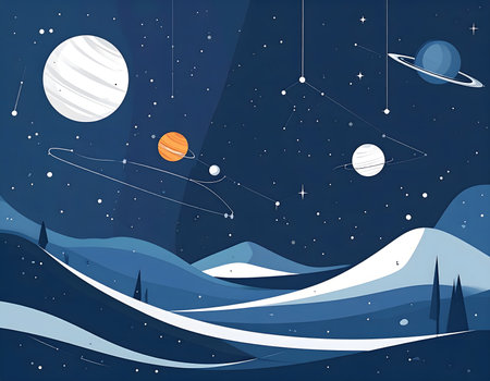 Conceptual background of abstract glowing data streams forming a subtle neon blue and purple wavy landscape under a starry night sky, representing technology and big data flow.の素材