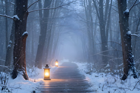 A mysterious, atmospheric winter scene: a warm, glowing antique oil lantern sits on a snow-covered wooden path leading into a misty, blue forest during a heavy snowfall. Perfect for fantasy or holiday themes.の素材