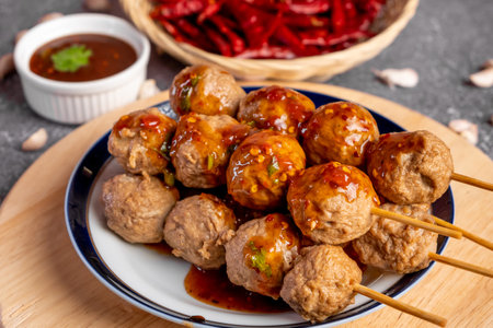 Meatballs with sweet and sour sauce in a plate on the tableの写真素材