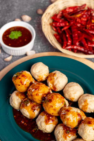 Meatballs with sweet and sour sauce on a plate. Selective focus.の写真素材