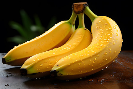 Bunch of bananas with water drops on wooden table. Dark background.の素材