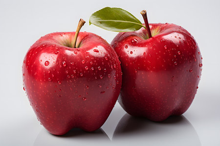 Red apples with water drops on a white background, close-upの素材