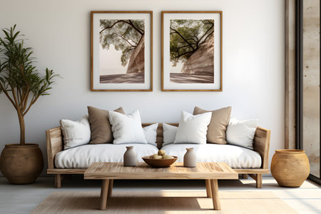Interior of modern living room with brown sofa, coffee table and two posters. 3d renderの素材