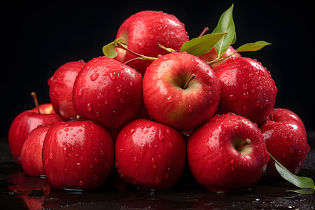 Red apples with drops of water on a black background. Selective focus.の素材
