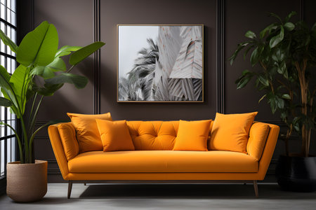 Modern interior design of living room with orange sofa, plant and mock up poster. 3d renderの素材