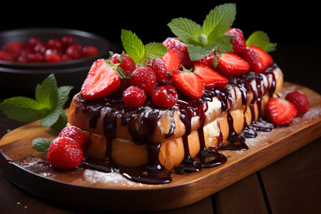 French toast with chocolate sauce and fresh berries on a dark wooden backgroundの素材