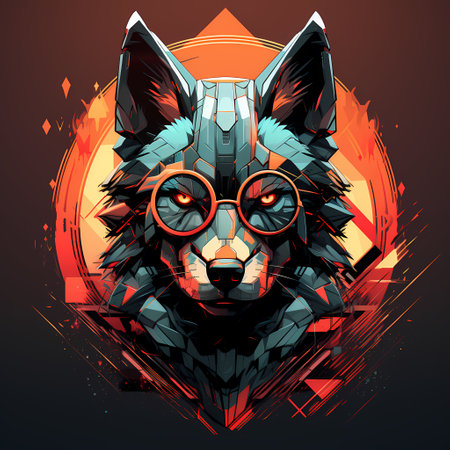 Vector illustration of wolf head with glasses and geometric elements on dark background.の素材