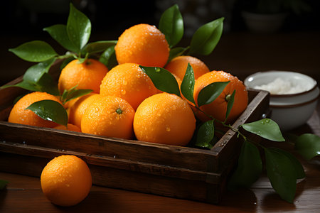 Ripe tangerines in a wooden box on a wooden backgroundの素材