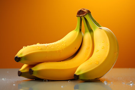 Bunch of bananas with water drops on orange background, closeupの素材