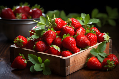 Strawberries in a wooden box on a dark wooden background.の素材