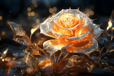 3d illustration, golden rose on a dark background with bokehの素材