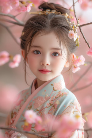 Portrait of a beautiful little girl in a Japanese kimono among the cherry blossomsの素材