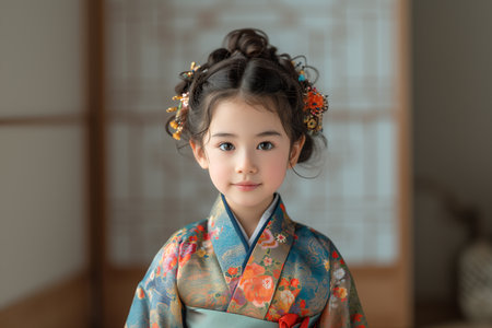 Portrait of a cute Asian girl wearing a kimono.の素材