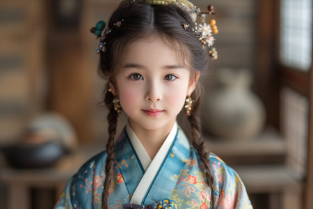 Portrait of Asian girl in kimono looking at camera.の素材