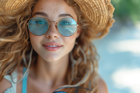 Close up portrait of a beautiful young woman wearing straw hat and sunglassesの素材