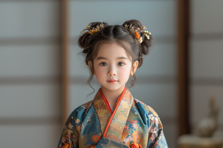 Portrait of a cute little girl wearing a Japanese kimonoの素材