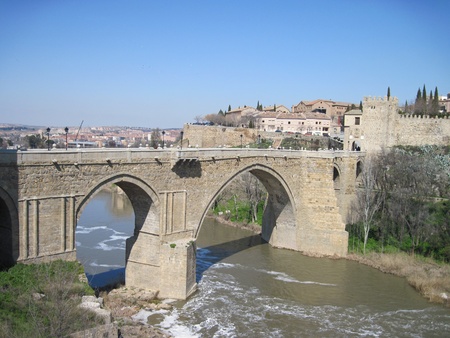 spain, toledo. bridge over the tagus river.の写真素材