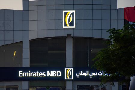 Ras al Khaimah, Ras al Khaimah/United Arab Emirates - 11/22/2019: Emirates NBD Bank PJSC  Bank logo...