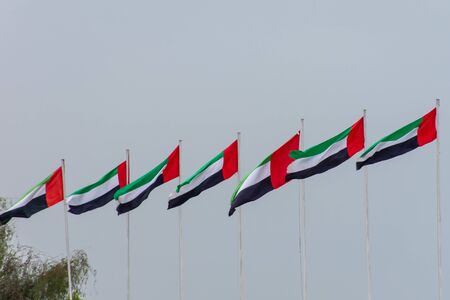 A row of United Arab Emirates (UAE) flags lined up and blowing in the wind.の写真素材